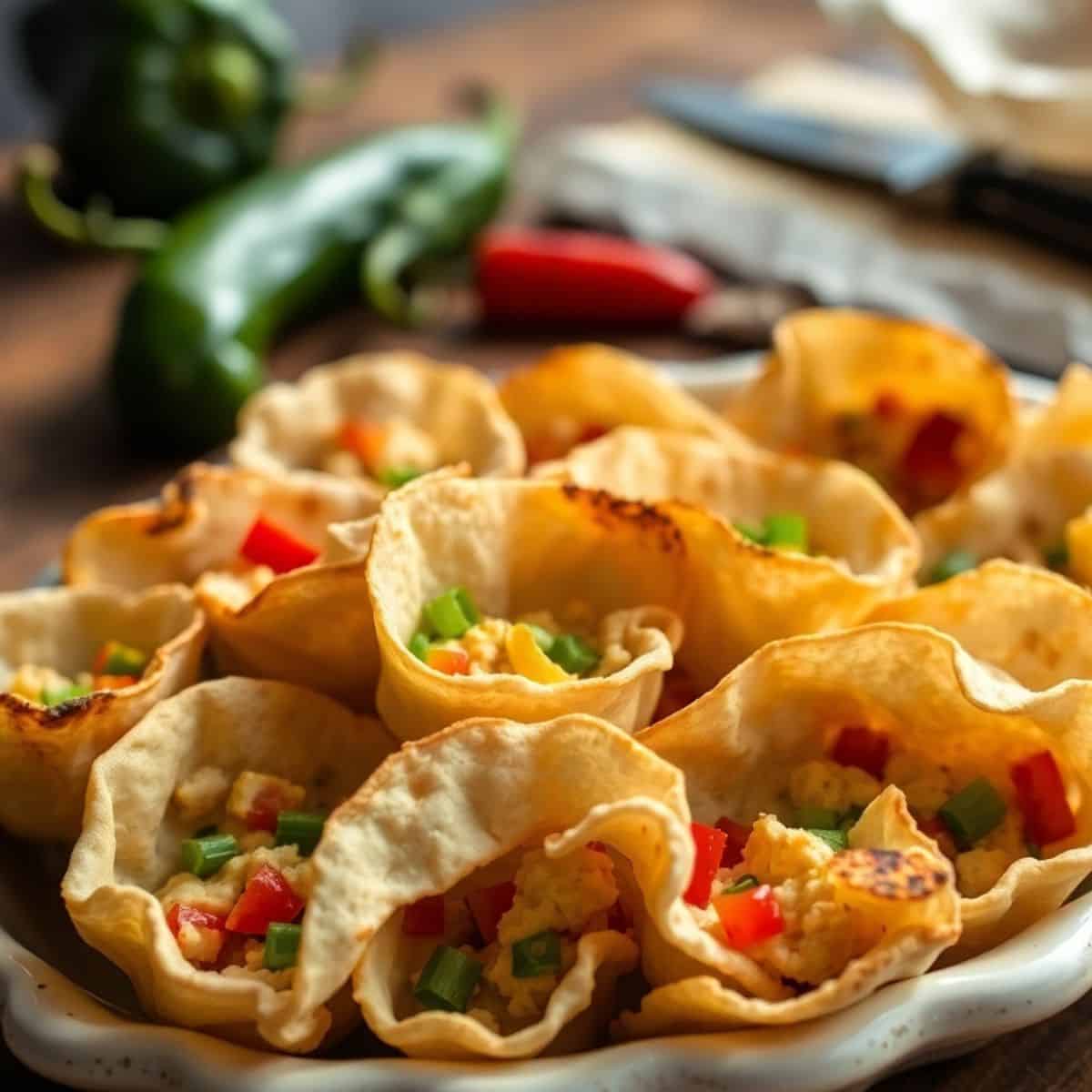 Cream cheese tortilla bites with red peppers and green onions on white plate, fresh ingredients blurred behind.