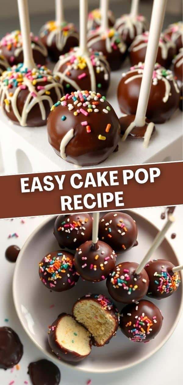 Chocolate cake pops decorated with colorful sprinkles on white sticks, displayed on white plates with one cut in half.
