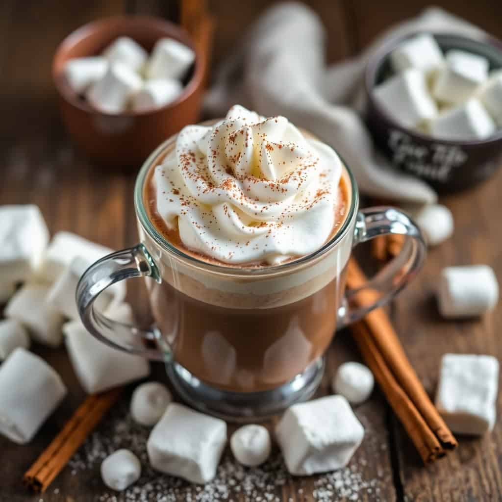 Crockpot hot chocolate topped with whipped cream and cinnamon in a glass mug surrounded by marshmallows.