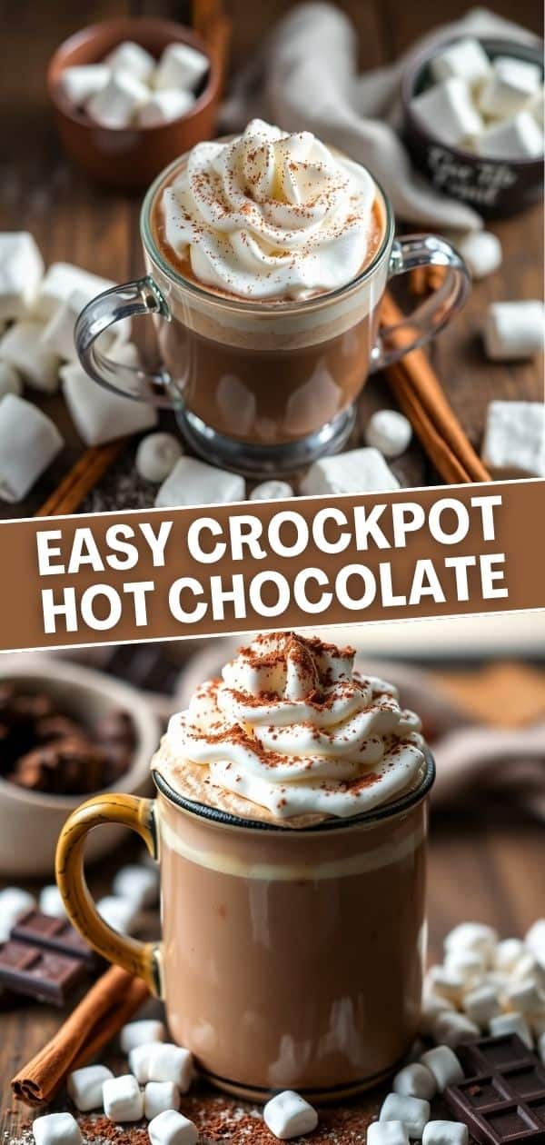 Crockpot hot chocolate topped with whipped cream and cinnamon in glass mugs with marshmallows.