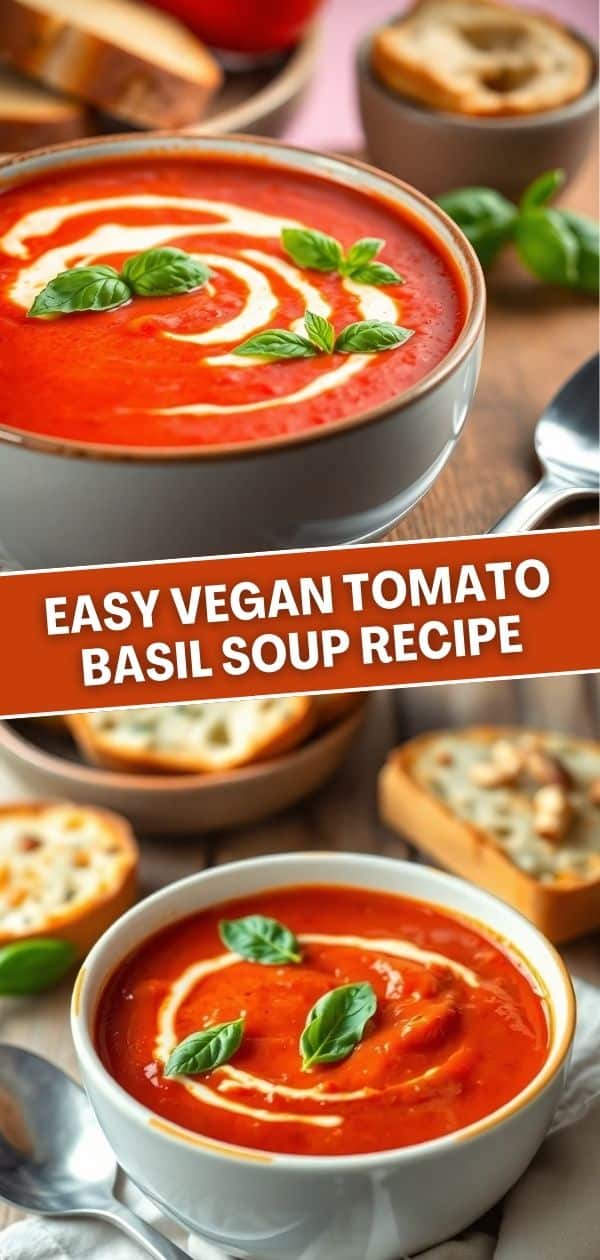 Two bowls of vegan tomato basil soup garnished with fresh basil and cream swirl, served with toasted bread.