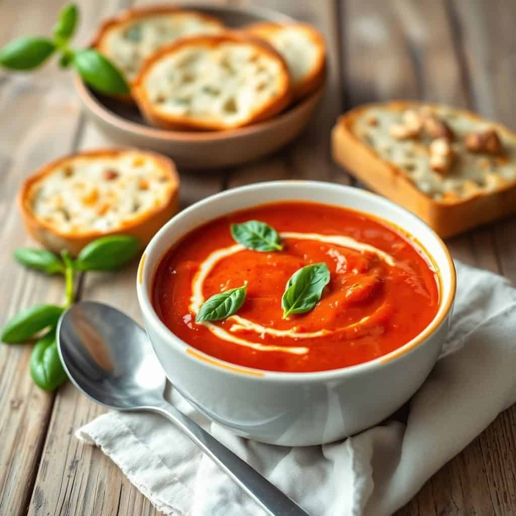 Vegan tomato basil soup in white bowl with basil garnish, served with garlic bread slices.
