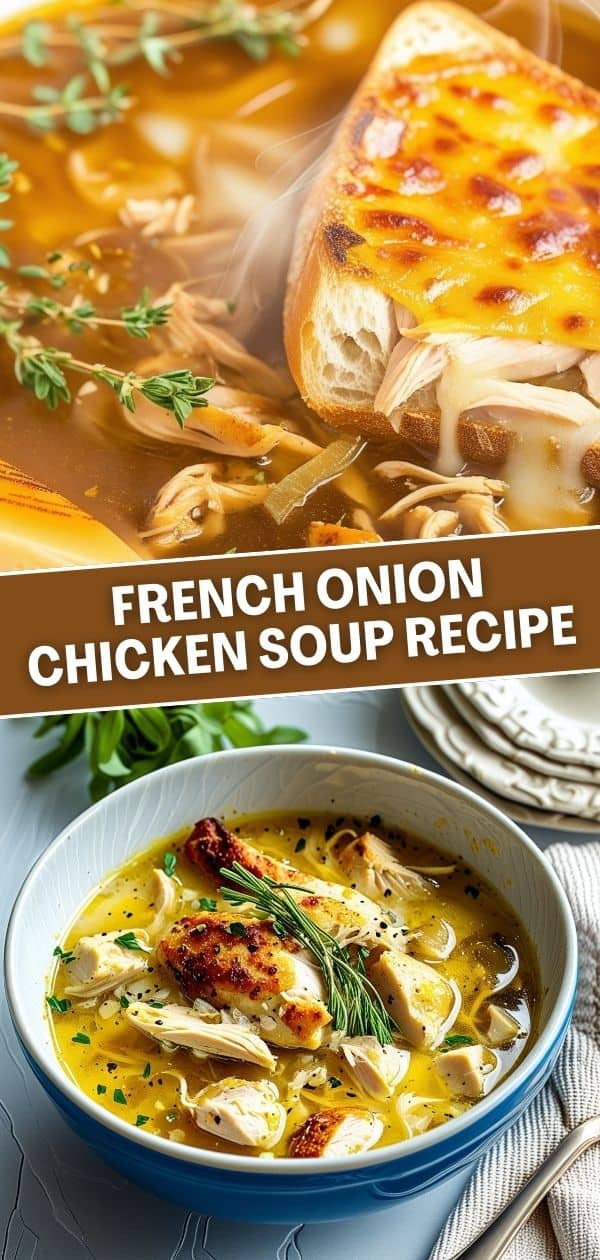 French onion chicken soup with melted cheese toast, garnished with fresh herbs in white bowl.