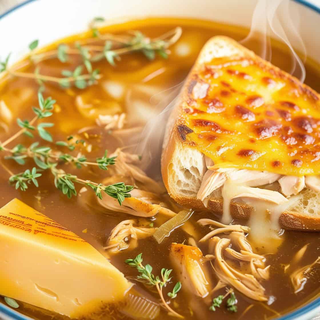 French onion chicken soup with melted cheese toast, caramelized onions, and fresh thyme garnish in white bowl.