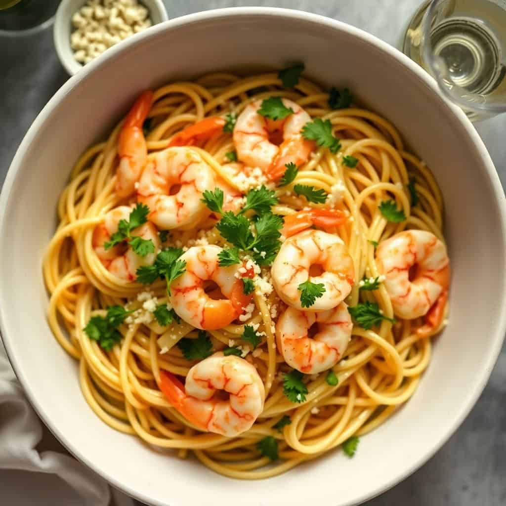 Garlic butter shrimp linguine in white bowl, topped with fresh parsley and grated cheese.