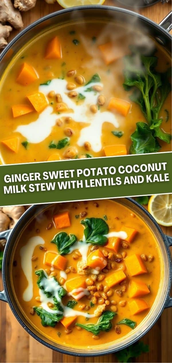 Two overhead views of ginger sweet potato coconut milk stew with lentils and kale in gray pot, garnished with fresh herbs.