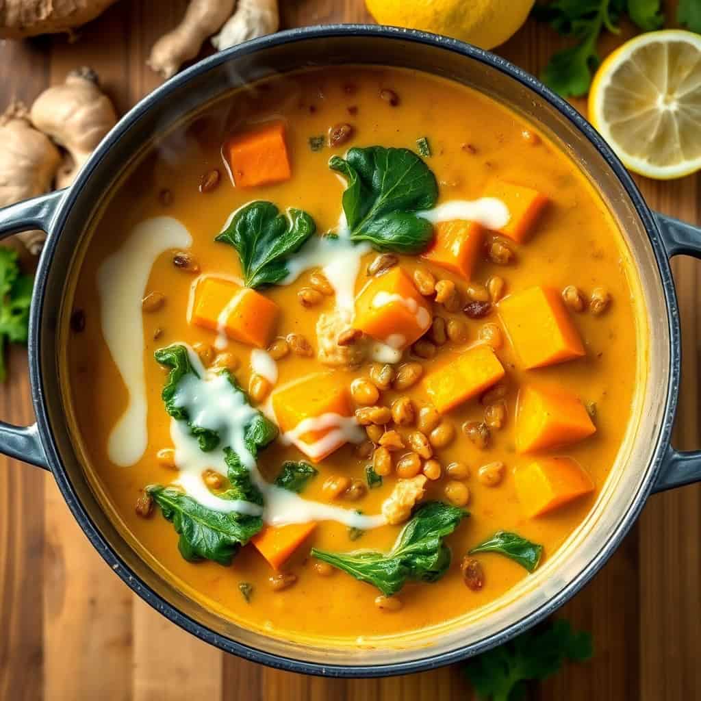 Ginger sweet potato coconut milk stew with lentils and kale in dark pot, garnished with fresh mint and cream drizzle.