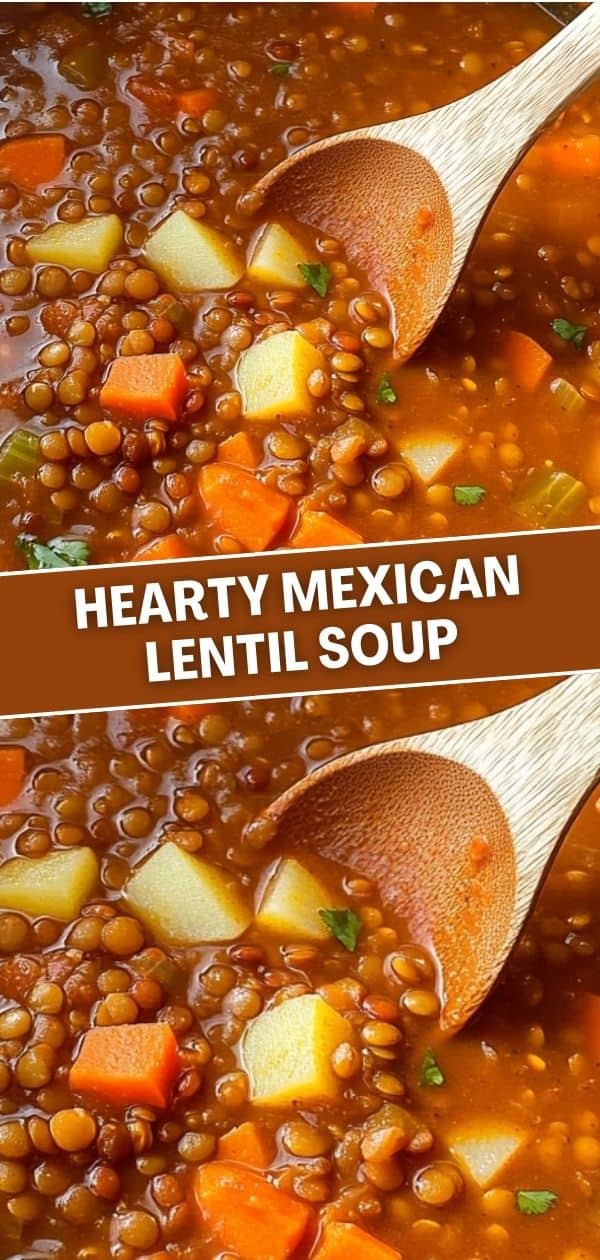 Hearty Mexican lentil soup with lentils, potatoes, carrots in rich broth, wooden spoon stirring.
