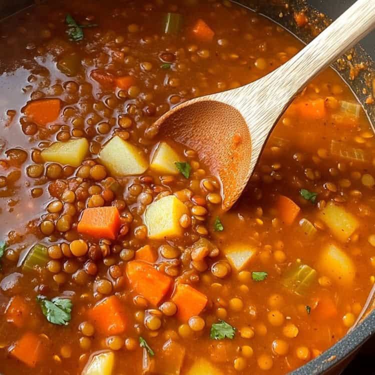 Hearty Mexican lentil soup simmering in a pot with wooden spoon, featuring lentils, diced potatoes, carrots, and cilantro ...