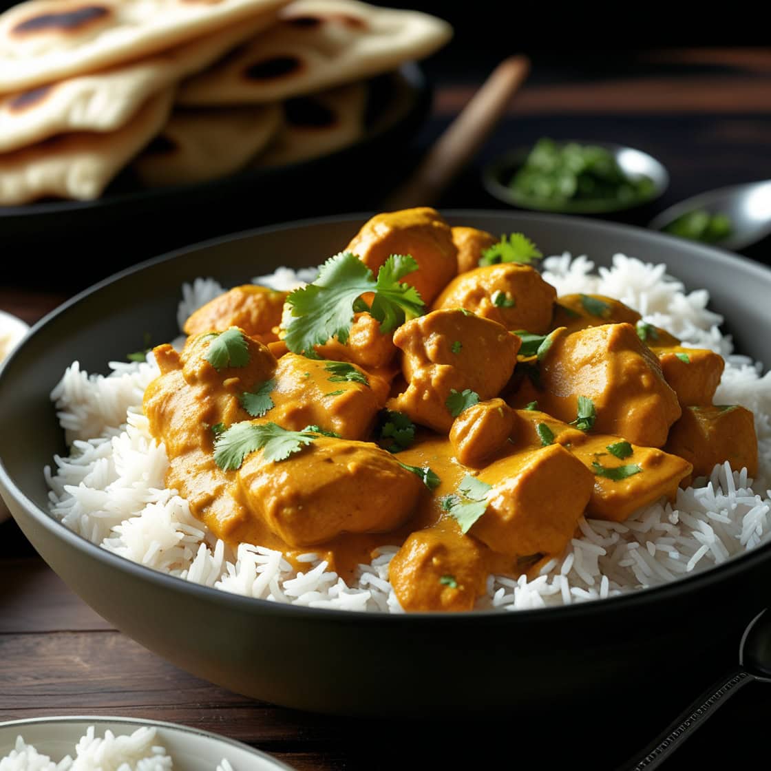 Butter chicken curry with tender chunks in creamy orange sauce, served over white rice, garnished with cilantro.
