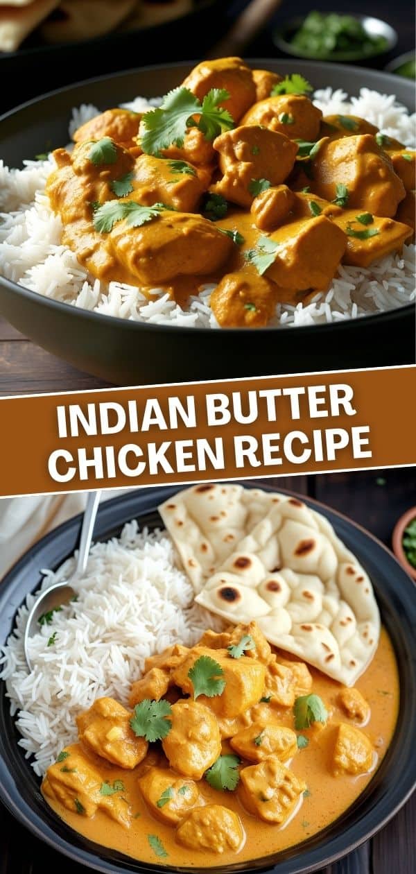 Indian butter chicken served over white rice with naan bread, garnished with cilantro.