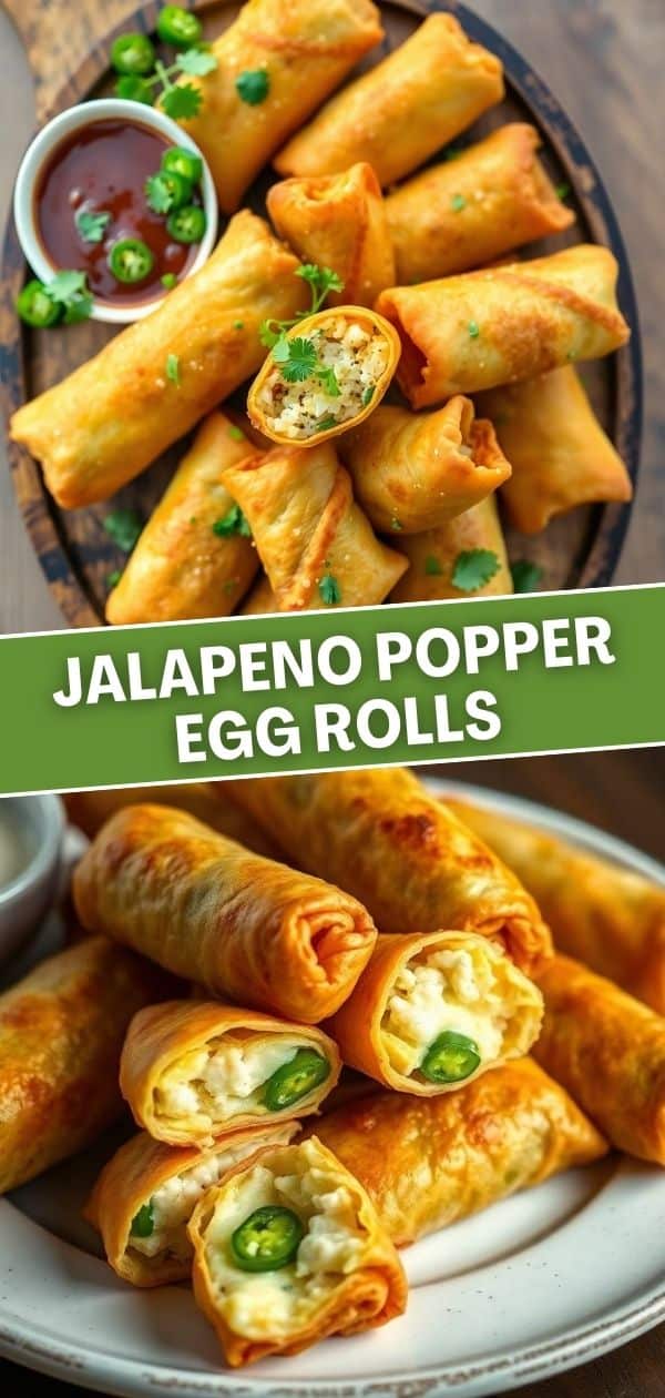 Crispy golden jalapeno popper egg rolls garnished with cilantro and sliced peppers, served with dipping sauce.