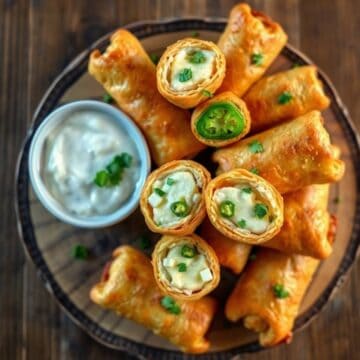 Jalapeno popper egg rolls arranged on a black plate with creamy dipping sauce and green garnish.