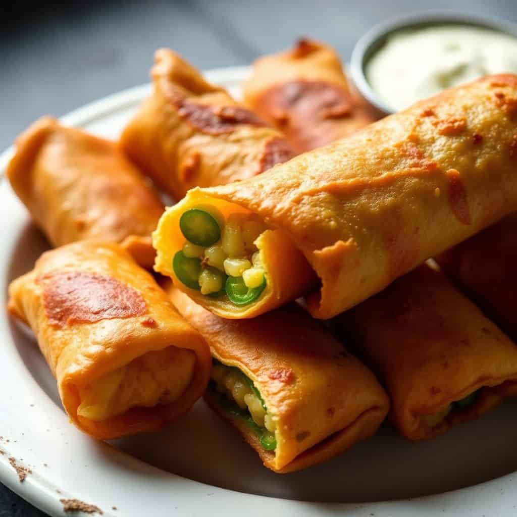 Crispy golden jalapeno popper egg rolls filled with green peppers and corn, served with white dipping sauce.