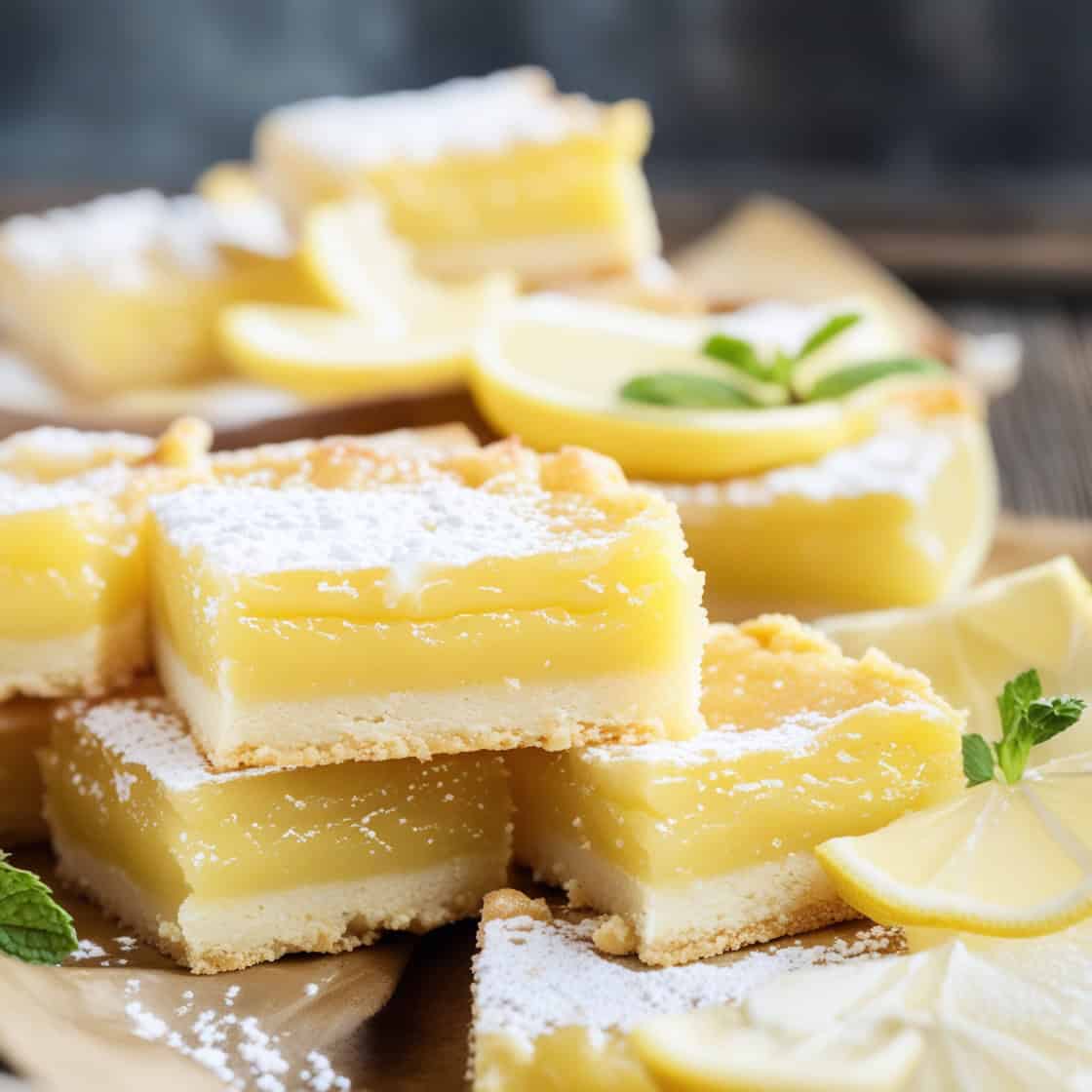 Lemon Bars sliced squares with powdered sugar close up citrus filling shortbread crust