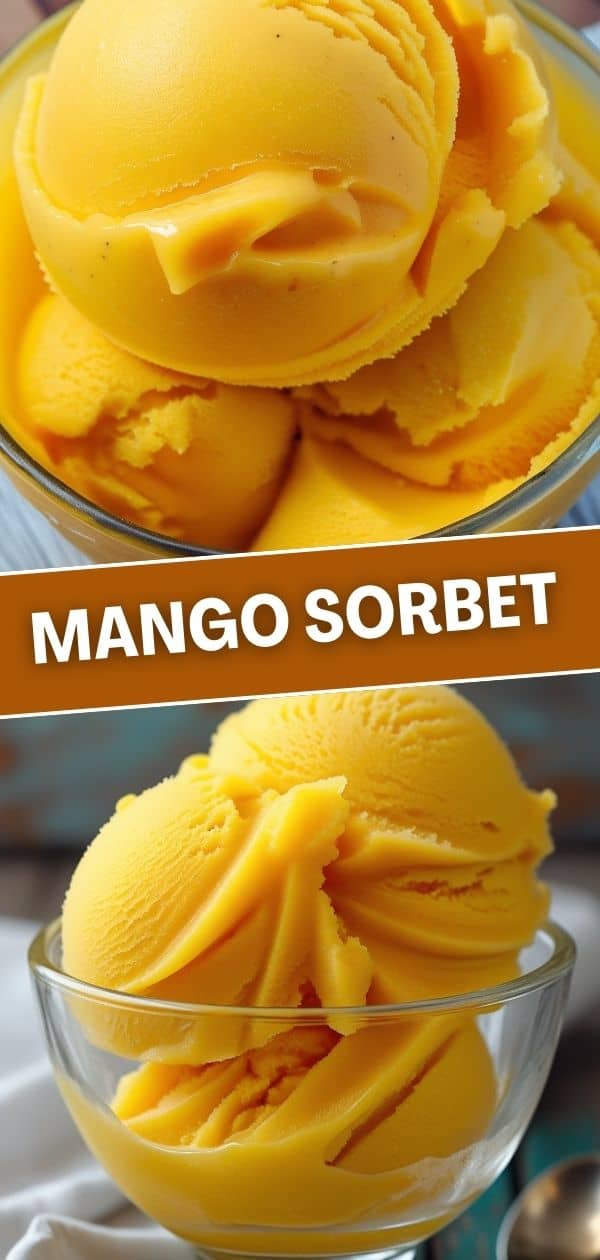 Bright yellow mango sorbet scoops served in glass bowls, showing smooth and creamy texture.