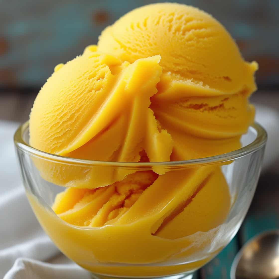 Bright yellow mango sorbet scoops in a glass bowl with a wafer cookie garnish.