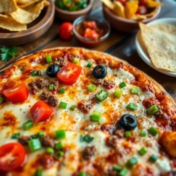 Mexican pizza topped with melted cheese, ground beef, tomatoes, black olives, and green onions on wooden board.
