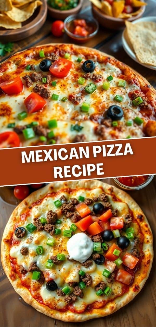 Mexican pizzas topped with ground beef, melted cheese, black olives, peppers, and green onions on wooden surface.