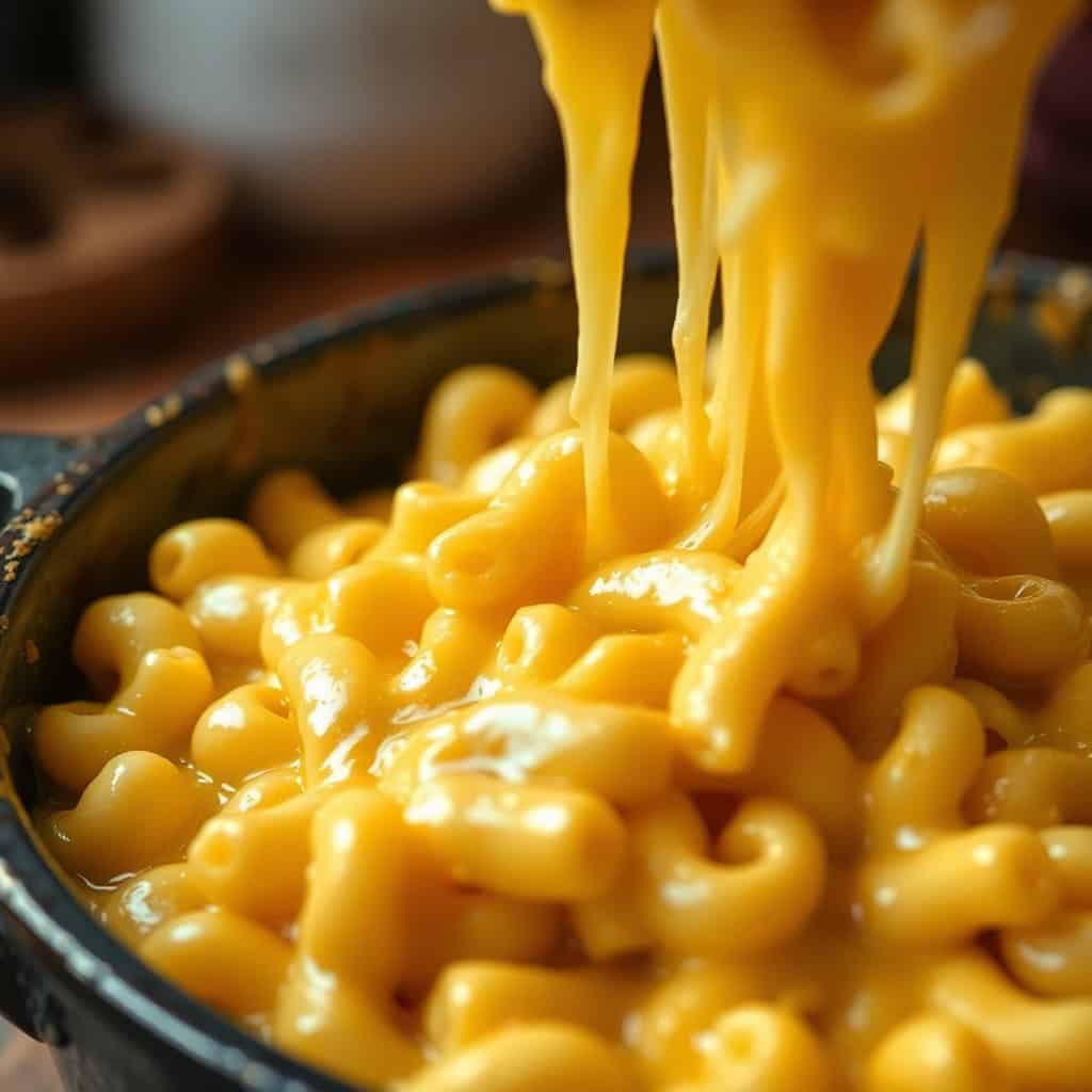 Creamy mac and cheese being lifted with a spoon, showing melted cheese sauce coating elbow pasta in a dark bowl.