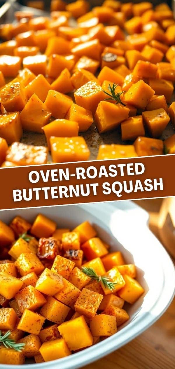 Oven-roasted butternut squash cubes garnished with rosemary in white bowl and on baking sheet.