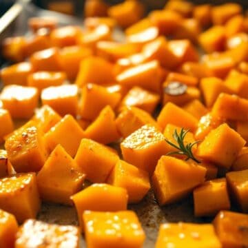 Cubed butternut squash roasted until golden brown, garnished with fresh rosemary on a baking sheet.