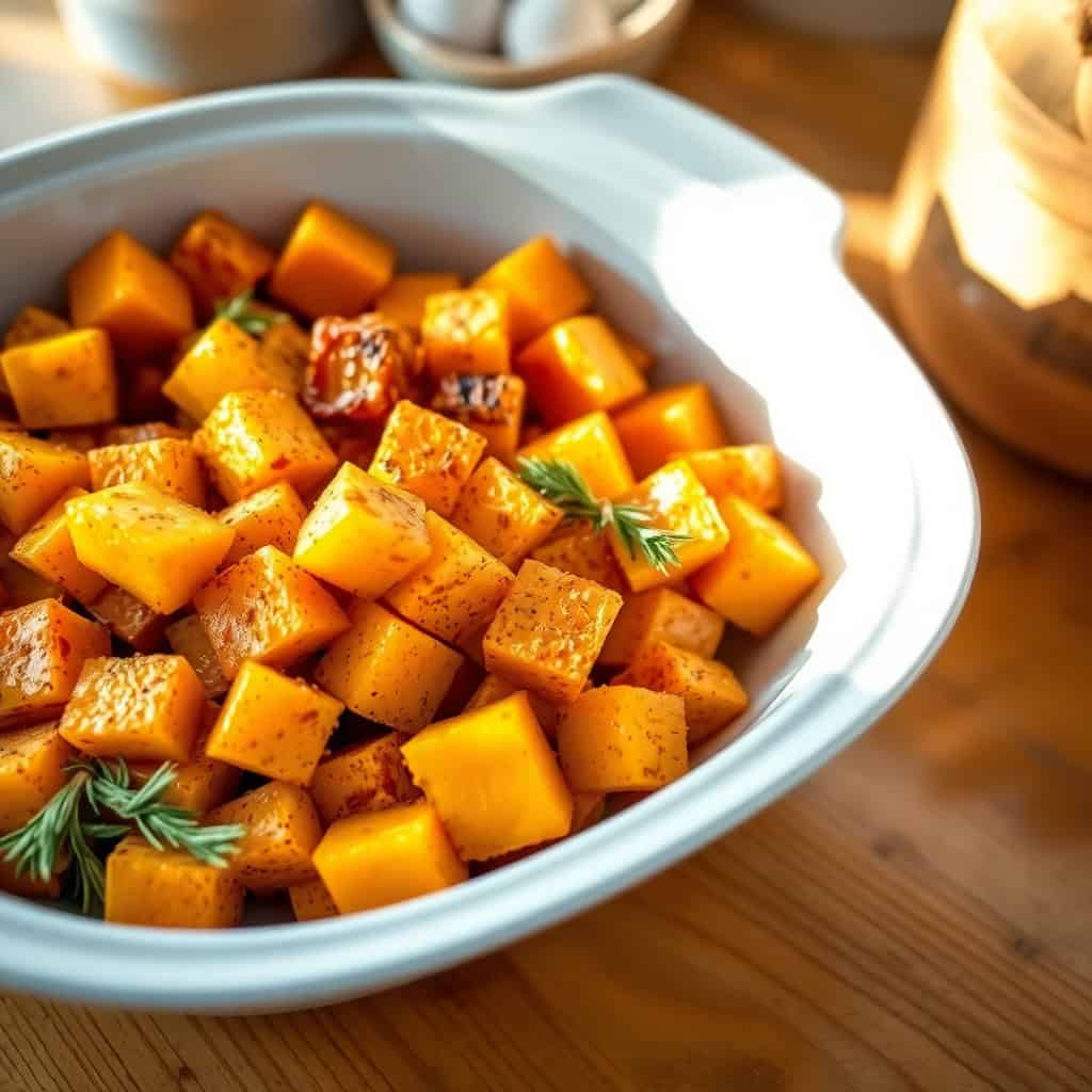 Roasted butternut squash cubes in white bowl, golden-brown with rosemary garnish.