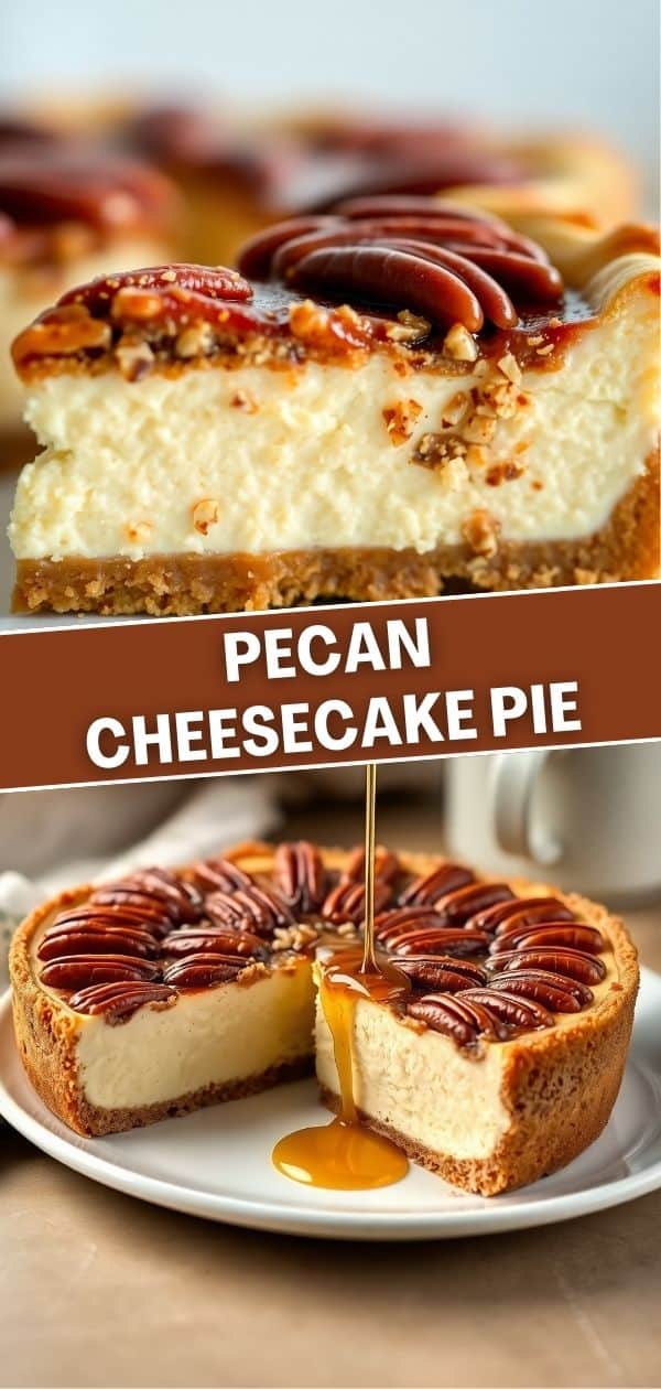 Pecan cheesecake pie sliced on white plate with caramel drizzle and pecan halves.