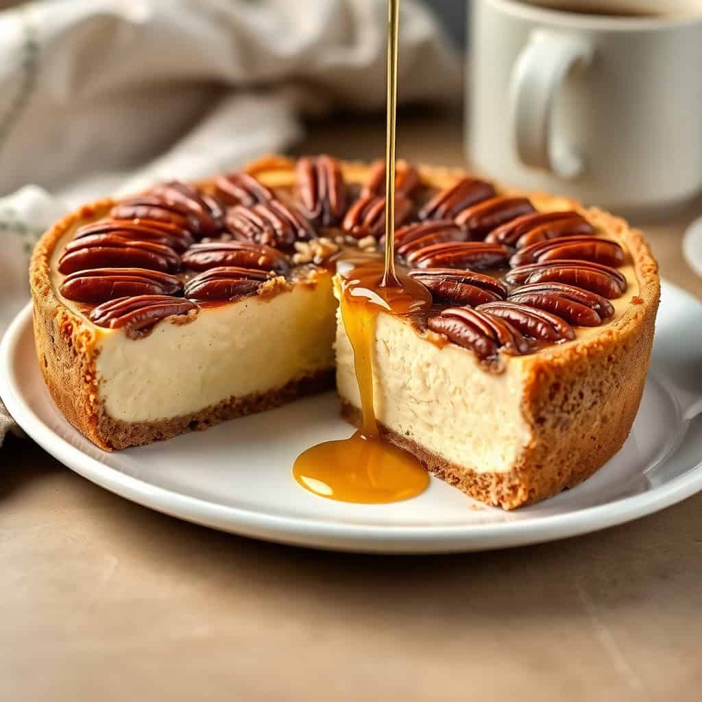 Pecan cheesecake pie with caramel drizzle on white plate, slice removed to show creamy filling.