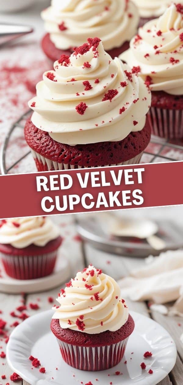 Red velvet cupcakes with cream cheese frosting topped with red velvet crumbles on white plates.