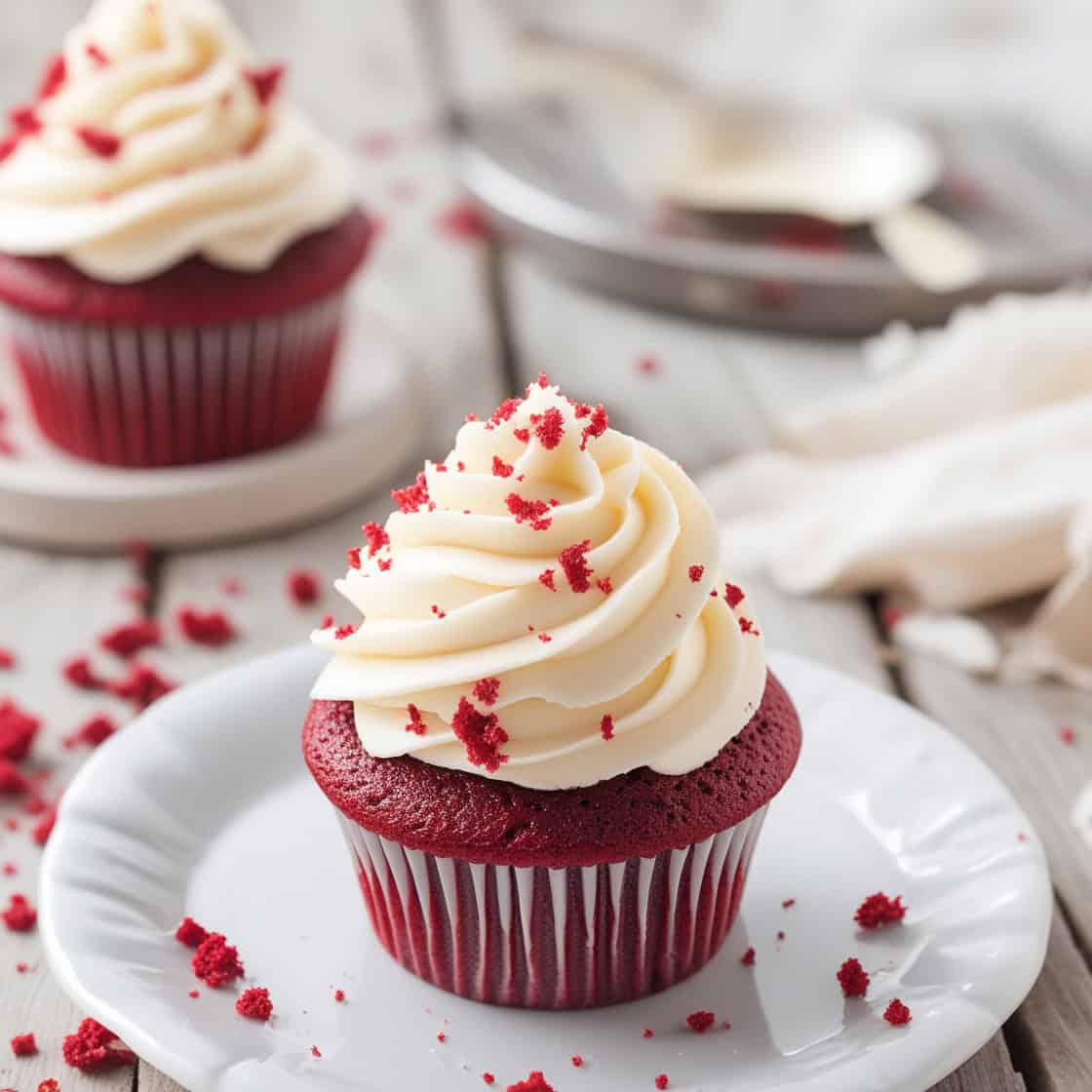 Red velvet cupcakes with cream cheese frosting and red sugar crystals on white plates.