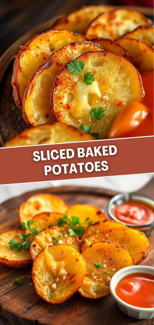 Golden sliced baked potatoes garnished with fresh parsley, served with dipping sauce.