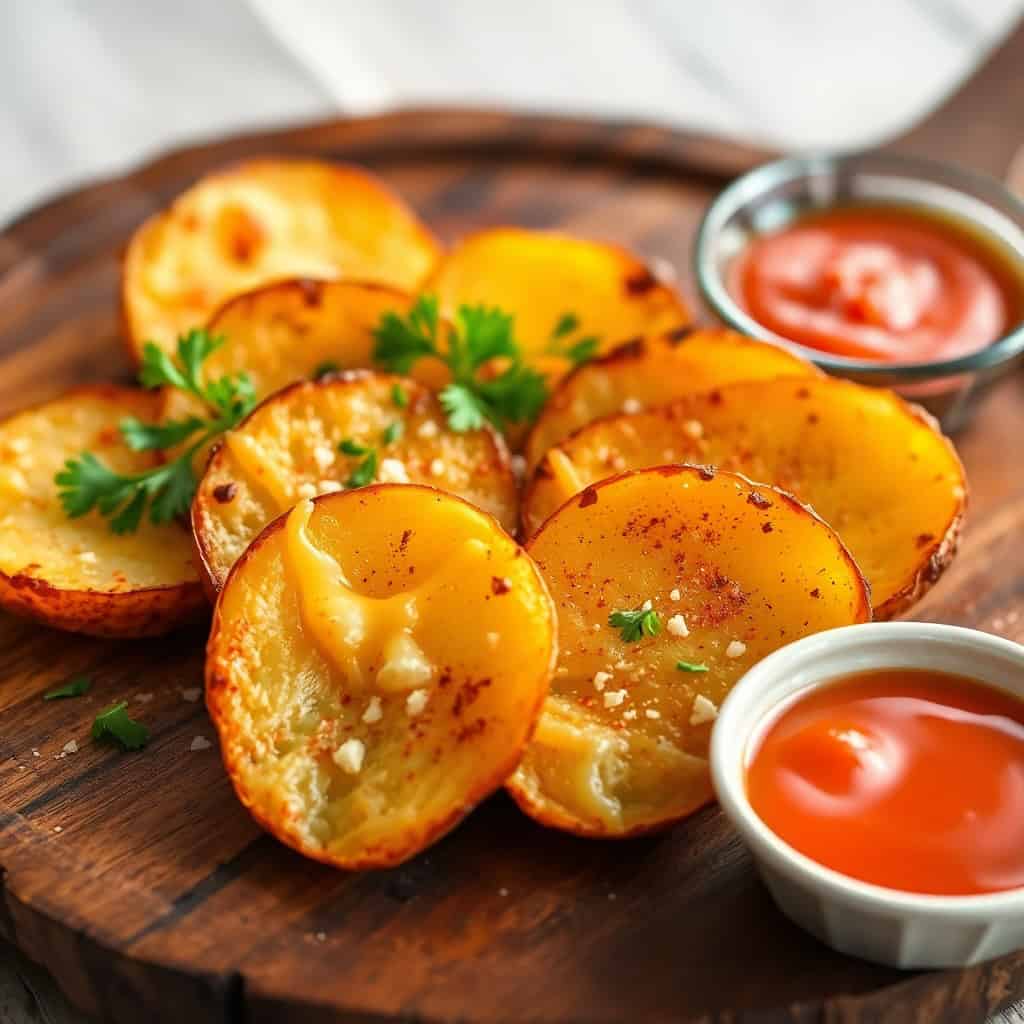 Golden sliced baked potatoes with crispy edges, fresh parsley, sea salt, and red sauce dips on wooden board.