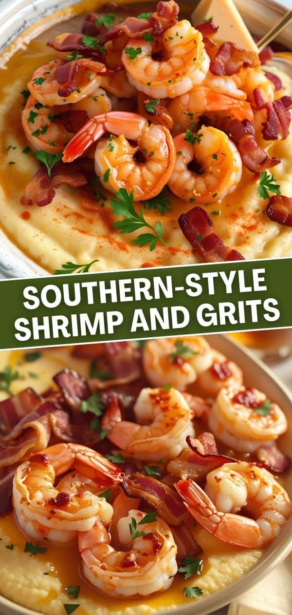 Southern-style shrimp and grits with creamy polenta, crispy bacon, and fresh parsley garnish.