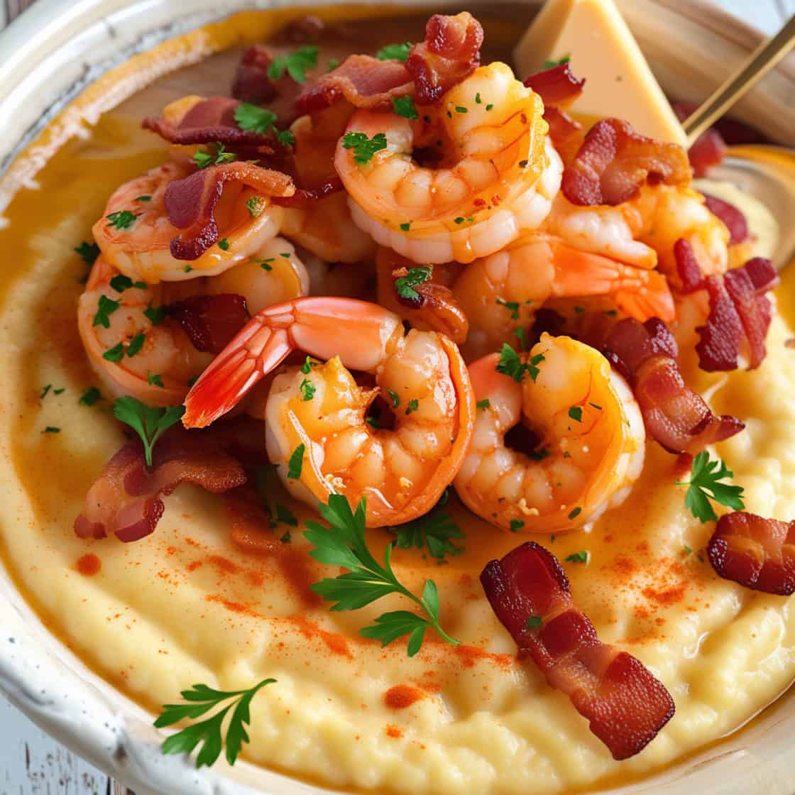 Southern-style shrimp and grits with bacon, topped with parsley in a white ceramic bowl.