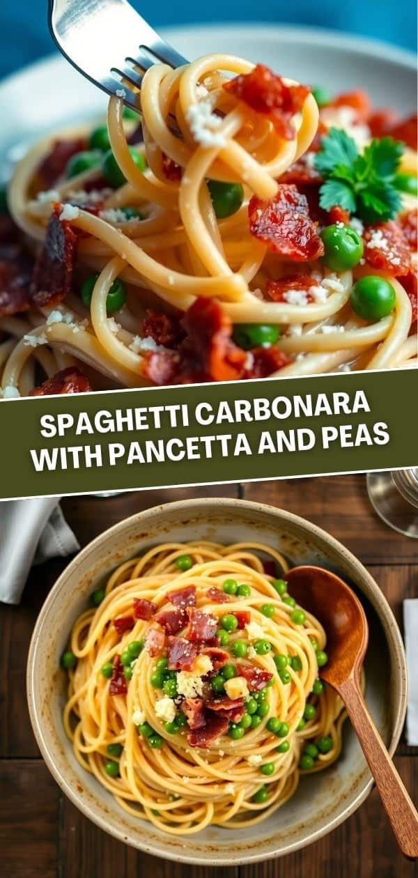 Spaghetti carbonara with pancetta and peas on fork and in bowl, garnished with cheese and herbs.