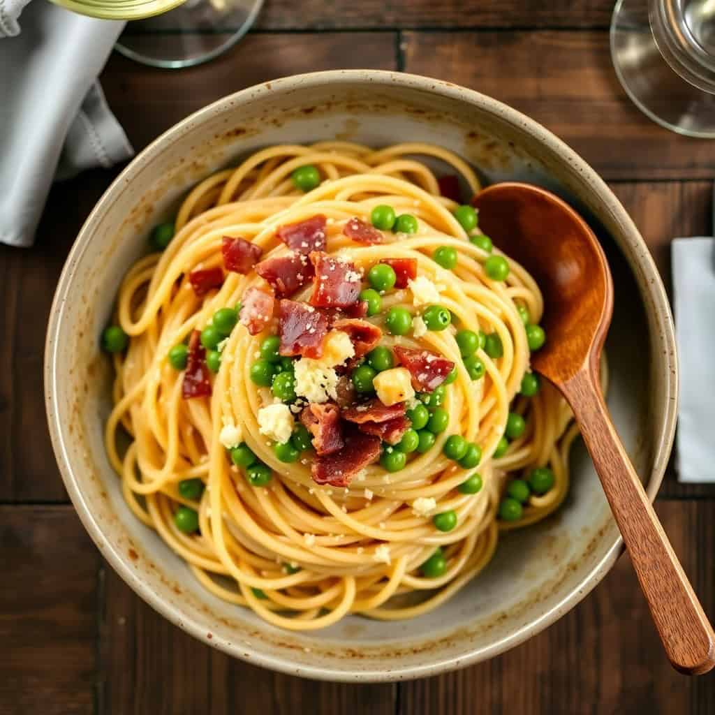 Spaghetti carbonara with pancetta and peas served in a cream-colored bowl with wooden spoon on dark wood surface.