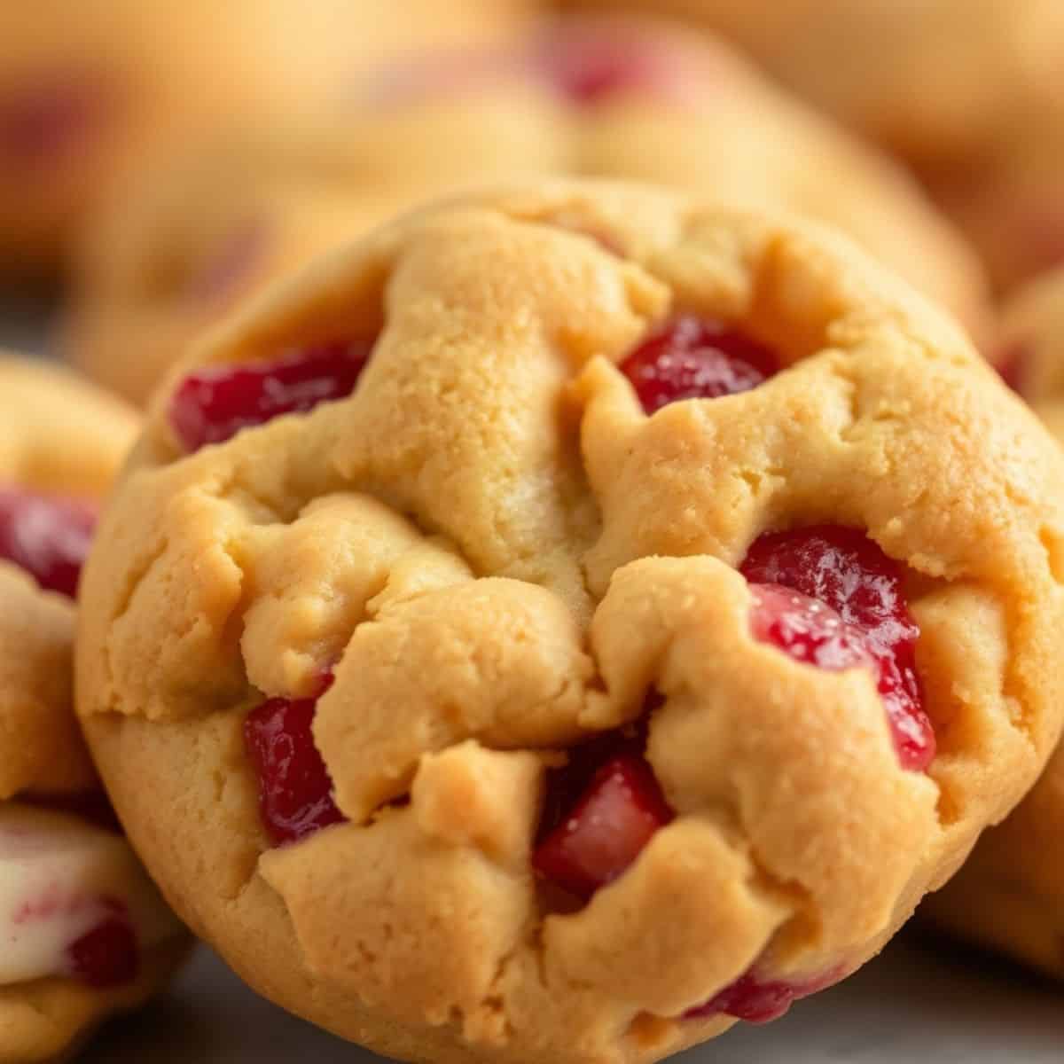 Strawberry cheesecake cookies with red jam filling and bumpy peanut butter dough texture.