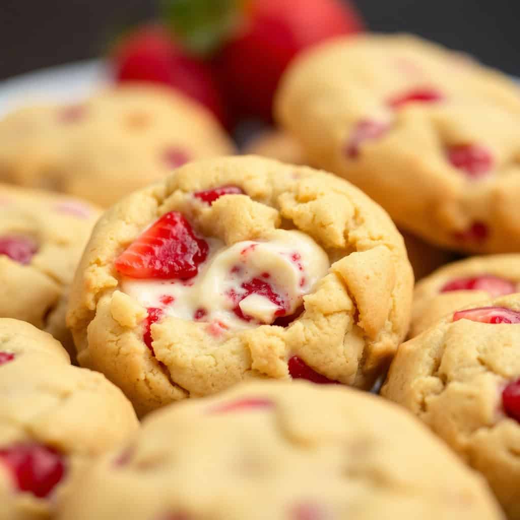 Strawberry cheesecake cookies with fresh strawberries and cream filling on white plate.