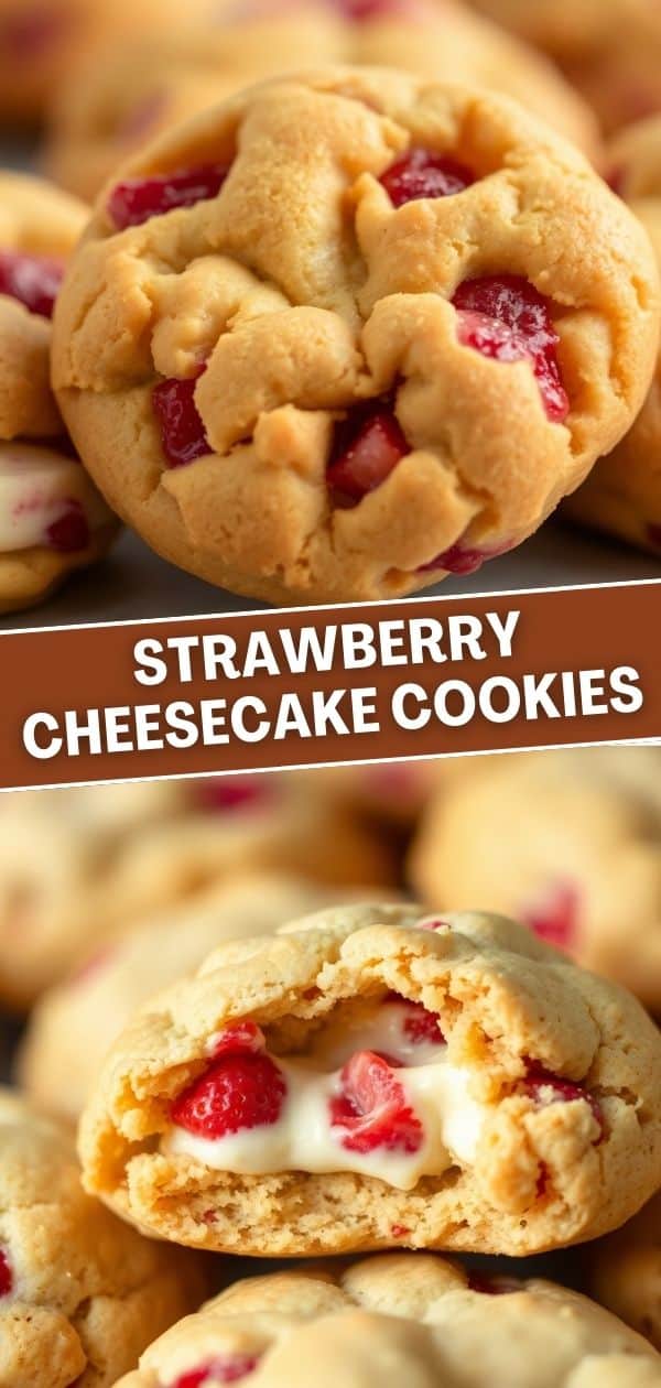 Strawberry cheesecake cookies with red fruit pieces and white cream filling, whole and broken open.