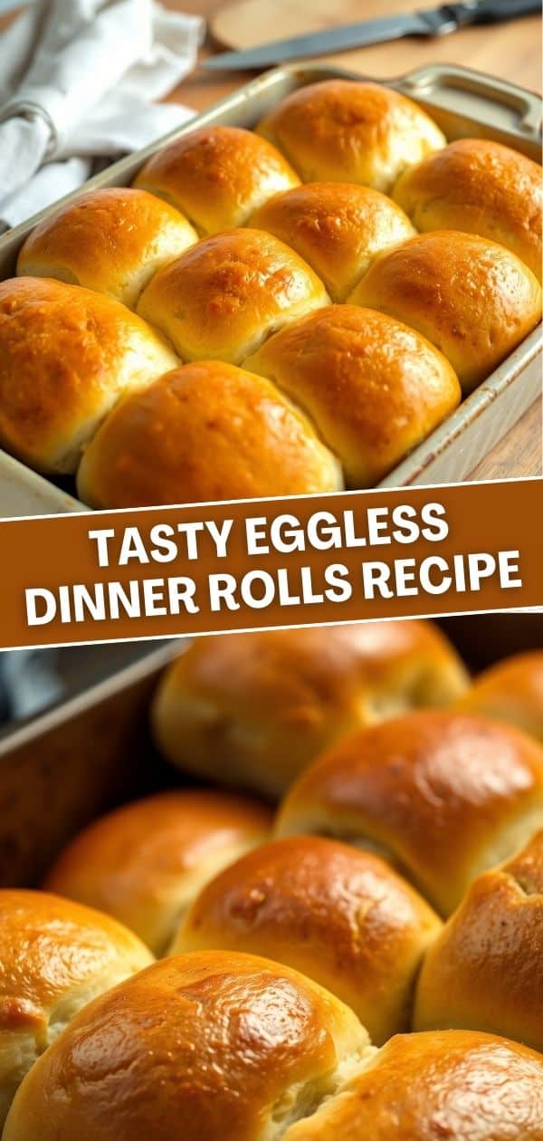 Golden-brown eggless dinner rolls in a baking pan, freshly baked with glossy tops.