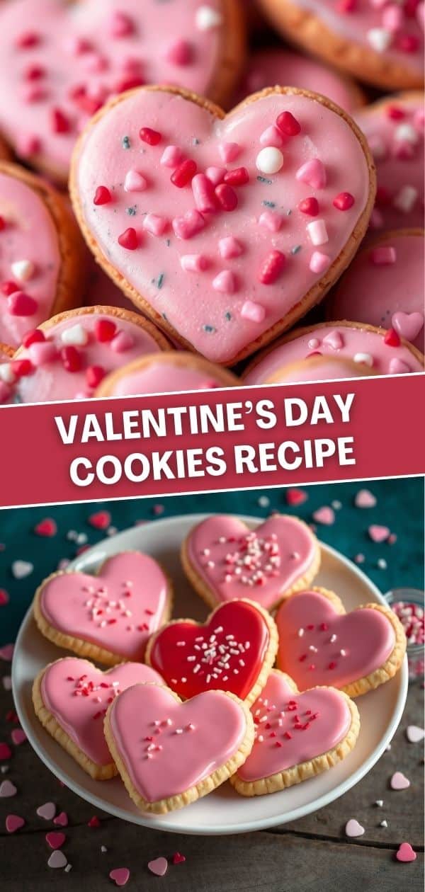 Heart-shaped Valentine's Day cookies with pink and red icing, decorated with sprinkles and pearls on white plate.