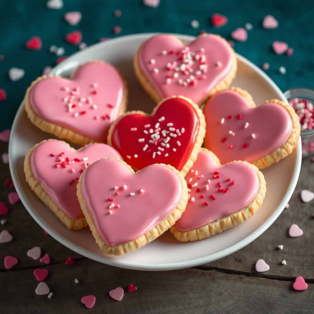 Heart-shaped cookies with pink and red icing and pearl sprinkles on white plate with scattered heart decorations.