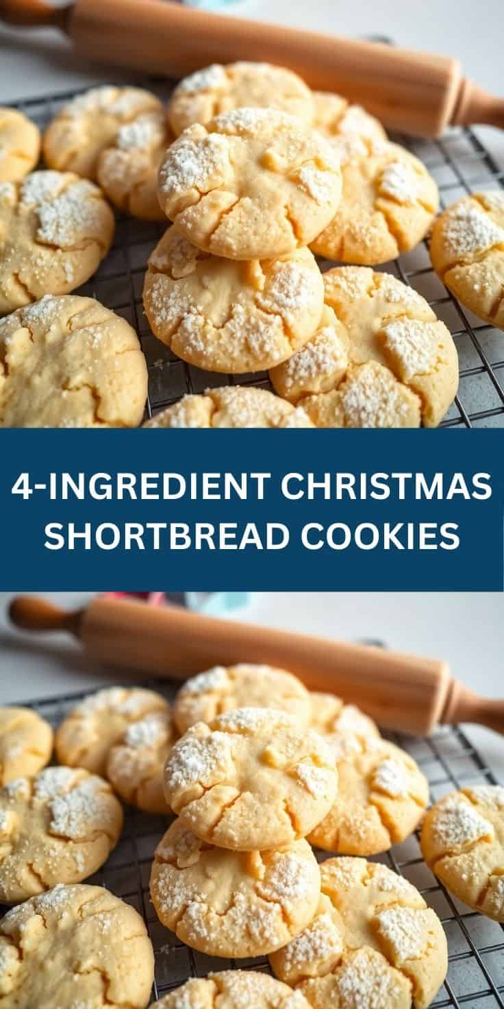 Golden shortbread cookies dusted with powdered sugar cooling on wire rack with rolling pin.