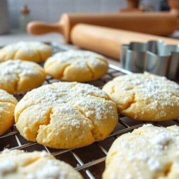 Powdered sugar-dusted shortbread cookies cooling on wire rack with baking tools in background.