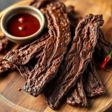 Strips of dark brown air fryer beef jerky arranged on wooden board with dipping sauce.