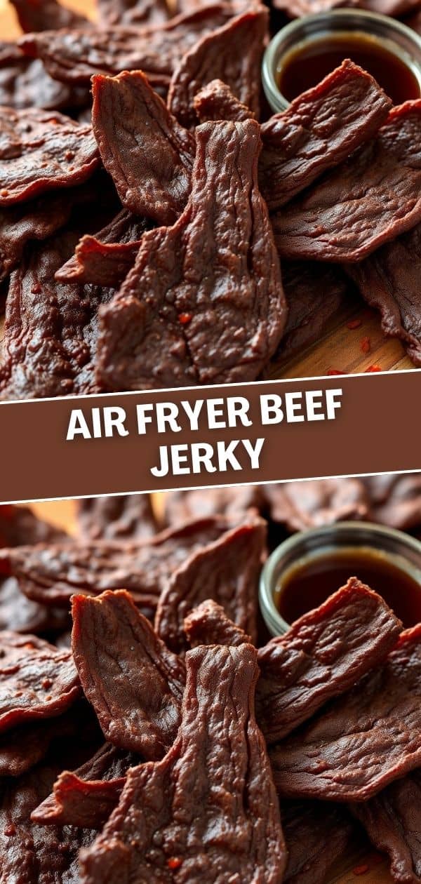 Air fryer beef jerky strips arranged on wooden surface with dipping sauce in glass bowl.