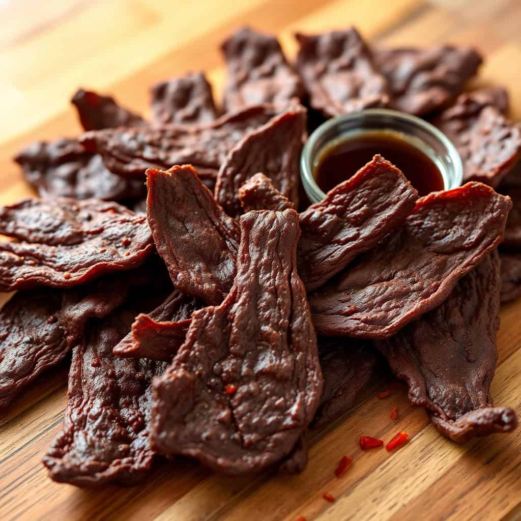 Air fryer beef jerky strips arranged on wooden surface with dipping sauce in small bowl.