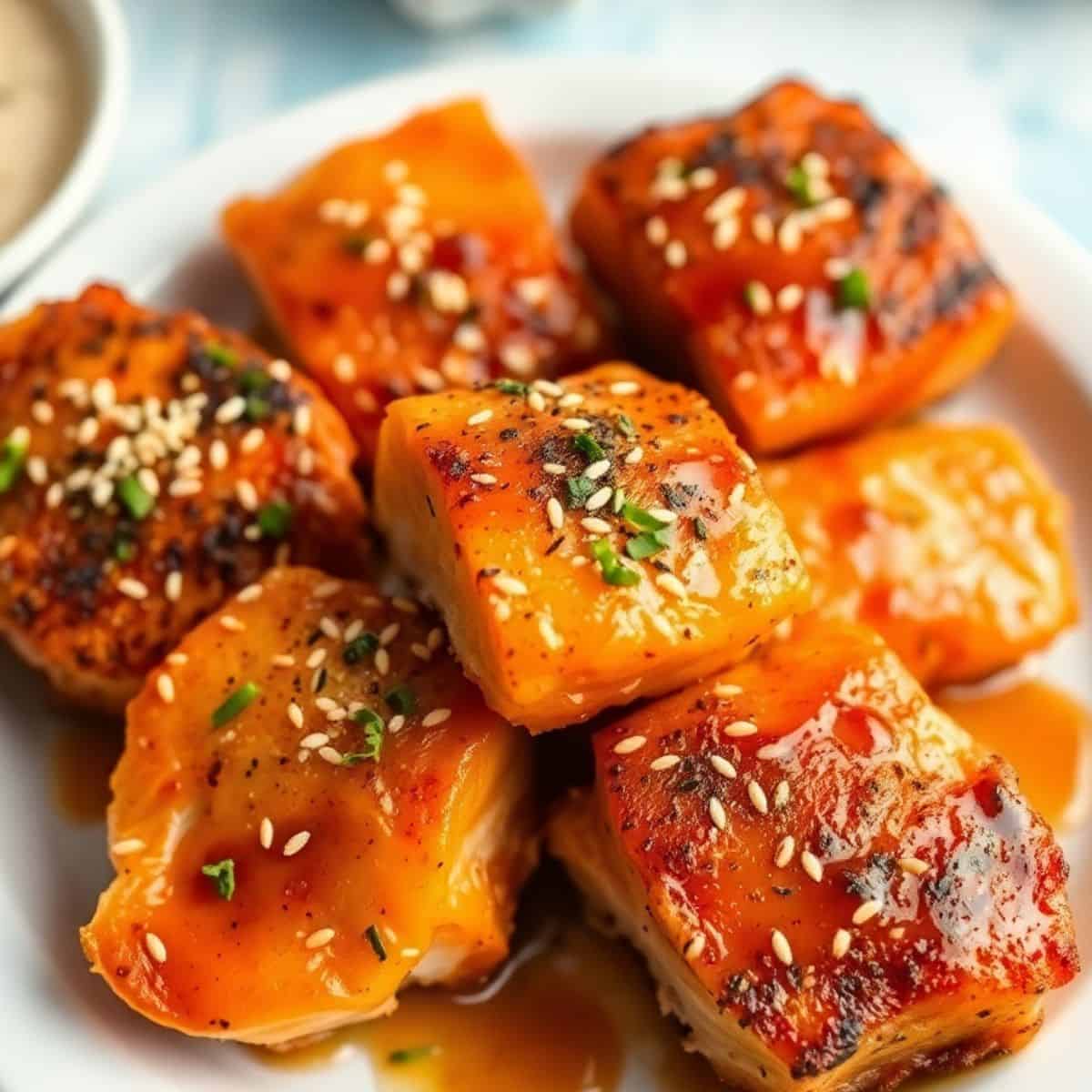 Air fryer salmon bites glazed with sesame seeds and green onions on white plate.