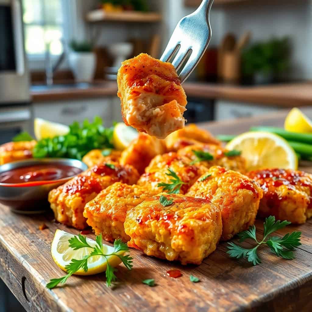 Golden air fryer salmon bites garnished with parsley and lemon on wooden board with dipping sauce.
